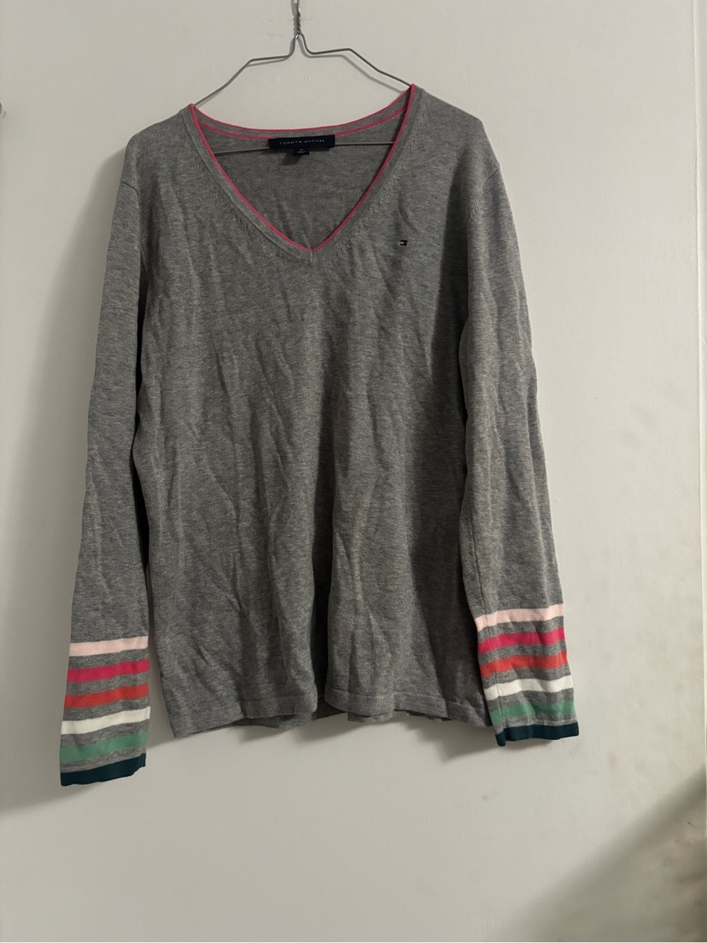 Tommy Hilfiger Gray V-Neck Sweater with Pink Trim